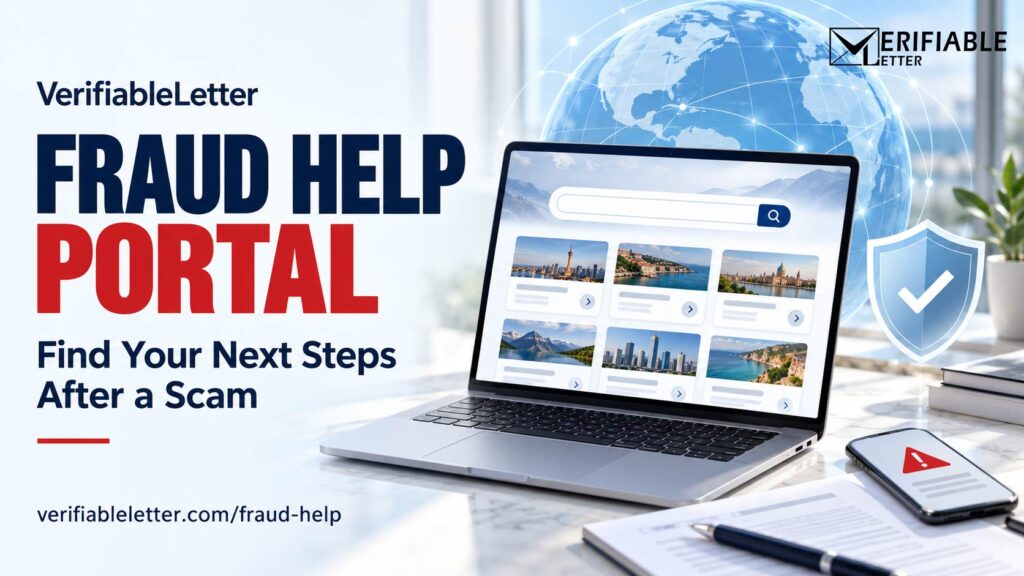 VerifiableLetter Fraud Help Portal launch graphic featuring a laptop, globe and shield, with the message “Find Your Next Steps After a Scam.”