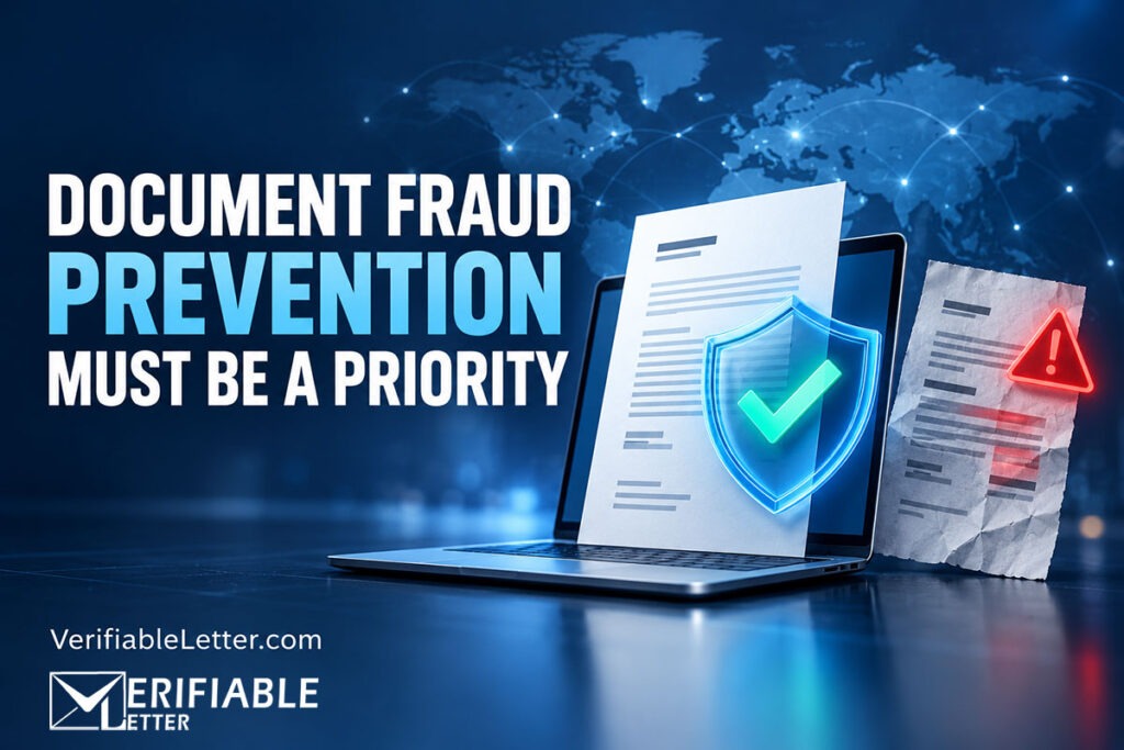 Document protected by a verification shield beside a suspicious invoice, with the headline “Document fraud prevention must be a priority.