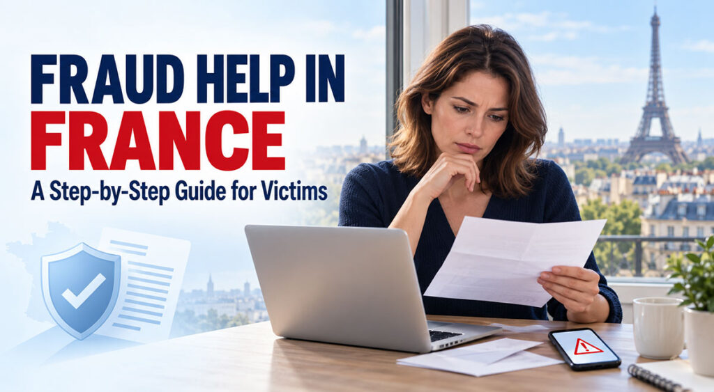 Woman reviewing a suspicious letter beside a laptop, with the Eiffel Tower behind her and “Fraud Help in France” headline.