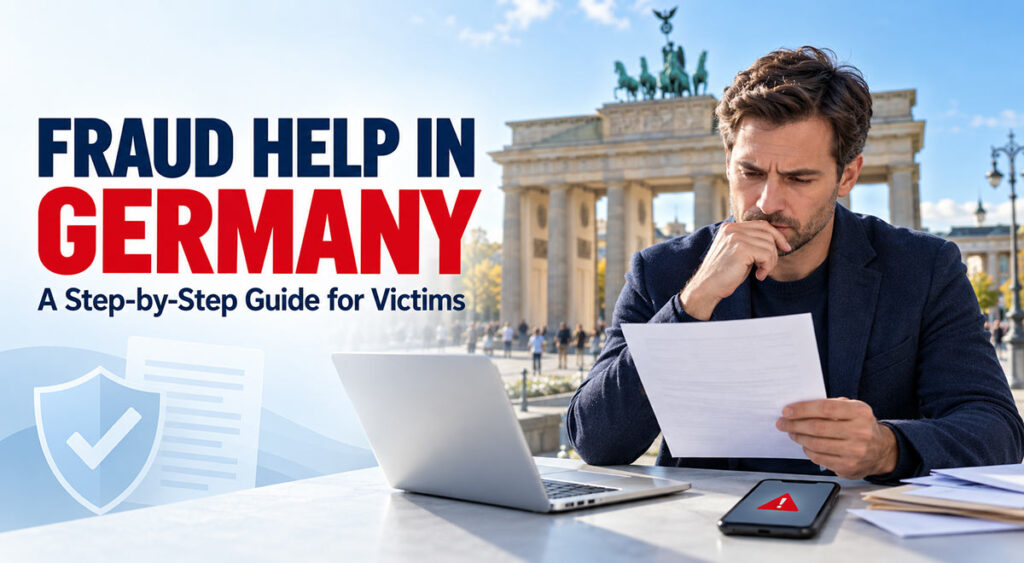 Fraud help in Germany: man reviewing a suspicious letter with Berlin’s Brandenburg Gate in the background.