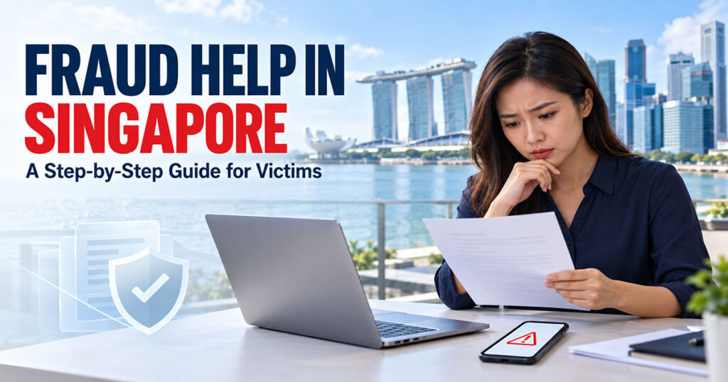 Fraud help in Singapore: woman reviewing a suspicious letter with the Marina Bay skyline behind her.