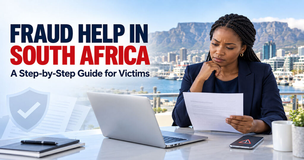 Fraud help in South Africa: woman reviewing a suspicious letter with Cape Town’s Table Mountain in the background.