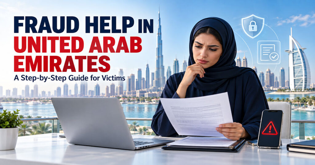 UAE fraud help guide featuring a woman reviewing a suspicious document against the Dubai skyline