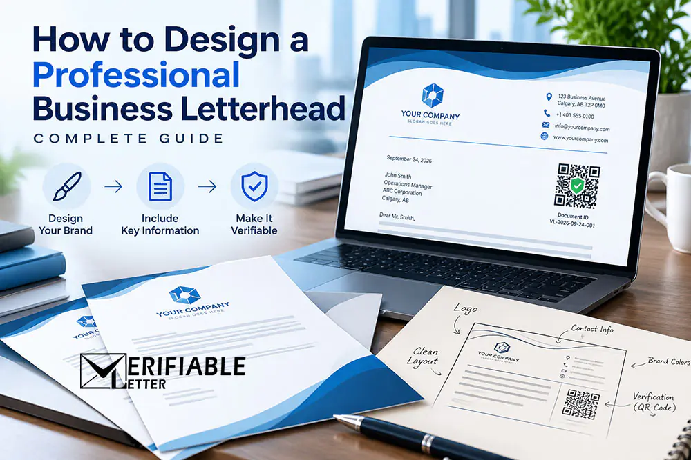 Professional business letterhead design with company branding, QR code and document verification